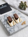 Wood & Gold Square Drop Stud Earrings
