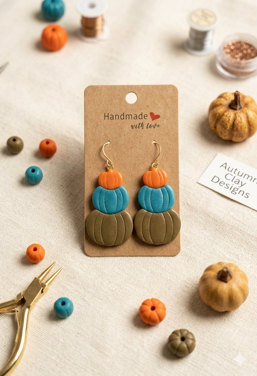 Handmade stacked pumpkin clay earrings in olive, teal, and orange on a kraft paper display card