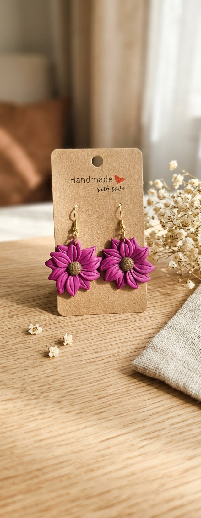 Handmade polymer clay white daisy dangle earrings
