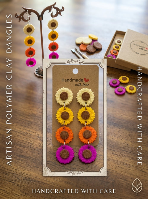 Artisan Polymer Clay 4-Flower Dangle Earrings in cream, yellow, orange and magenta