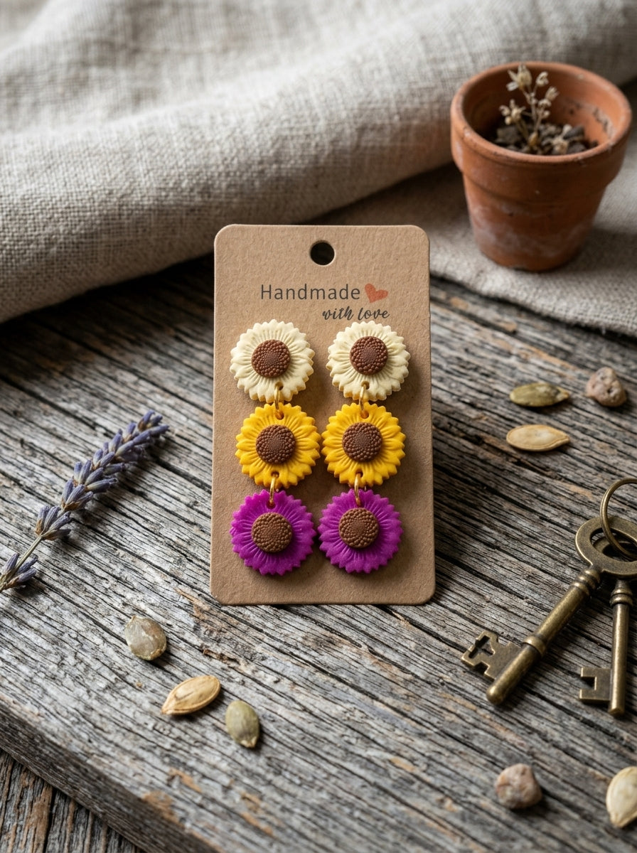 Artisan Polymer Clay 3-Flower Dangle Earrings in cream, yellow and magenta
