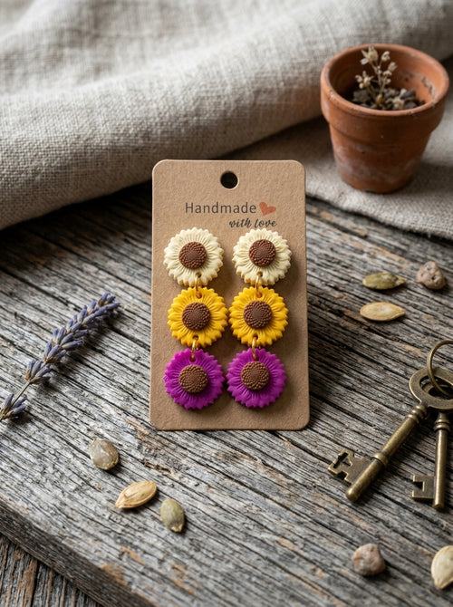Artisan Polymer Clay 3-Flower Dangle Earrings in cream, yellow and magenta