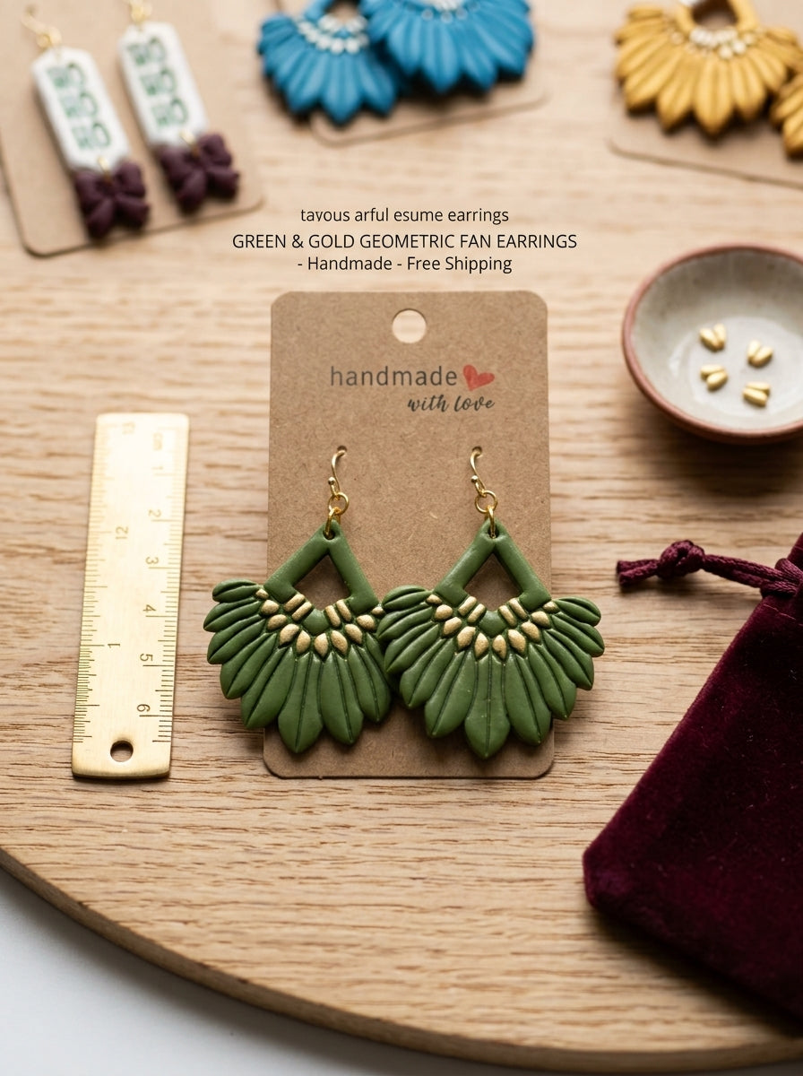 Mustard handmade polymer clay fan earrings