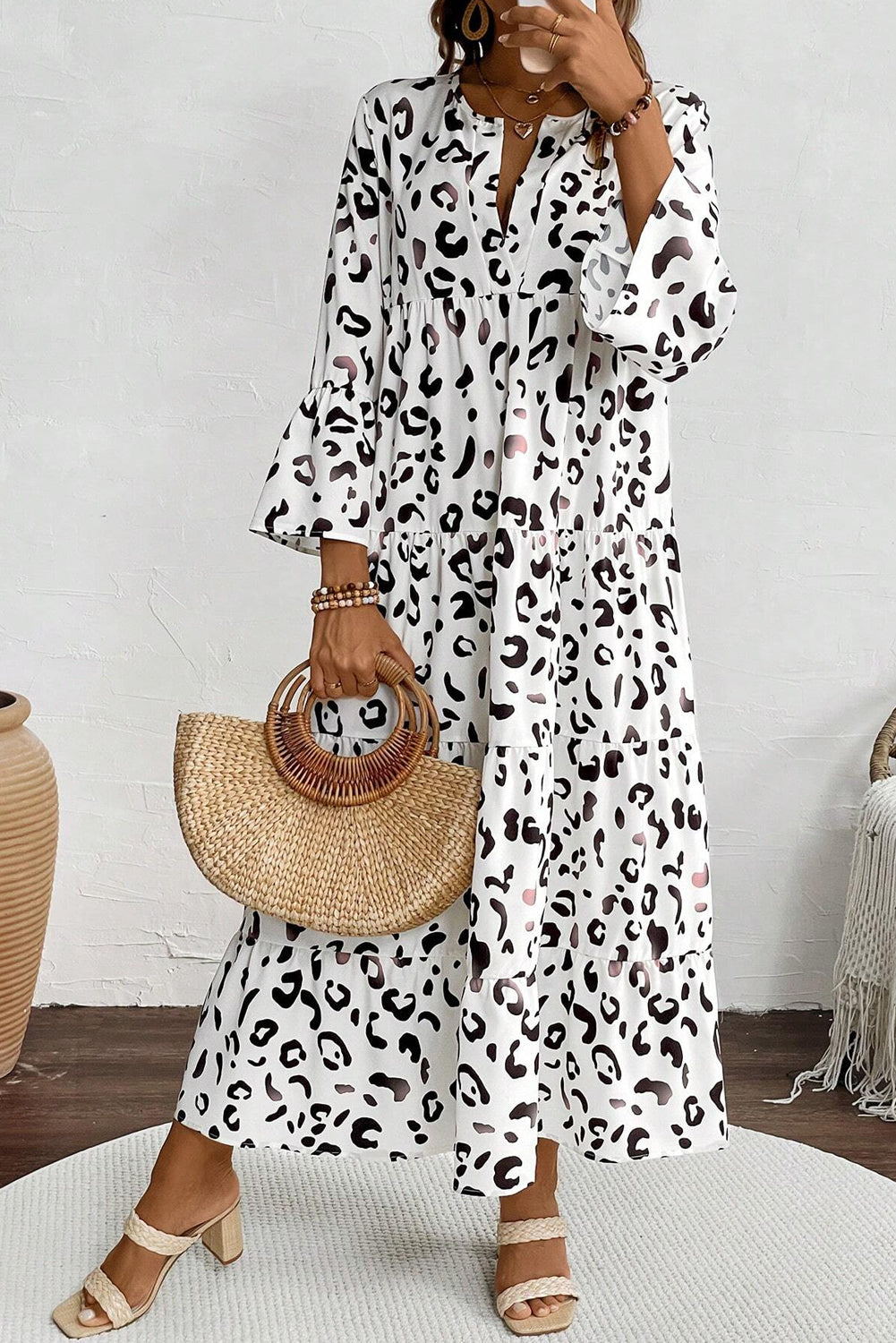 Women's White Leopard Print Loose Fit Maxi Dress – V-Neck Boho Summer Style