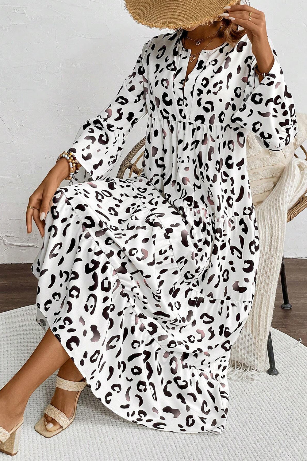Women's White Leopard Print Loose Fit Maxi Dress – V-Neck Boho Summer Style
