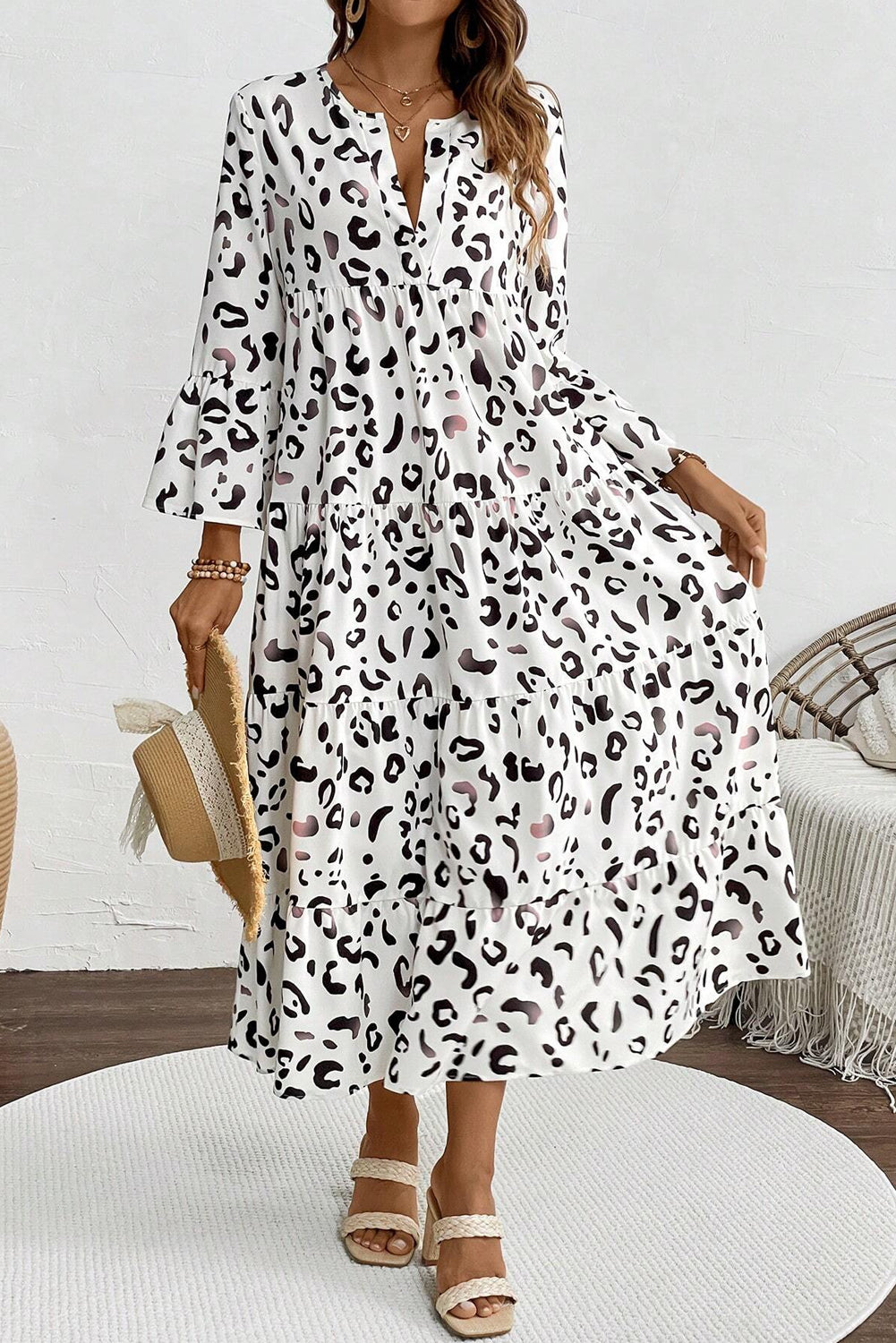 Women's White Leopard Print Loose Fit Maxi Dress – V-Neck Boho Summer Style
