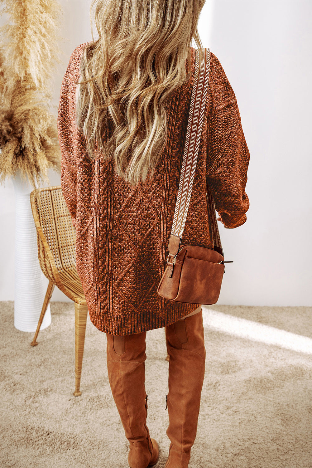Black Cable Knit Drop Shoulder Loose Fit Sweater Dress