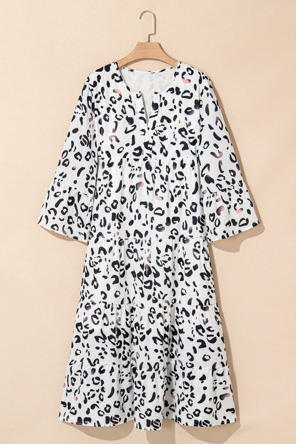 Women's White Leopard Print Loose Fit Maxi Dress – V-Neck Boho Summer Style
