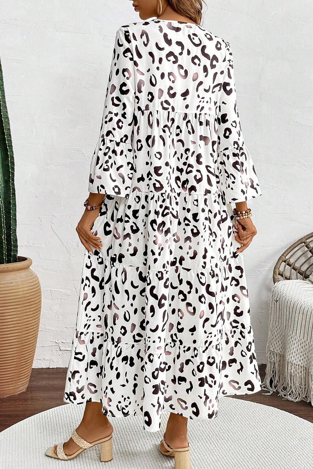 Women's White Leopard Print Loose Fit Maxi Dress – V-Neck Boho Summer Style
