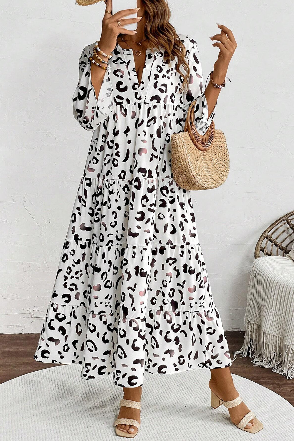 Women's White Leopard Print Loose Fit Maxi Dress – V-Neck Boho Summer Style