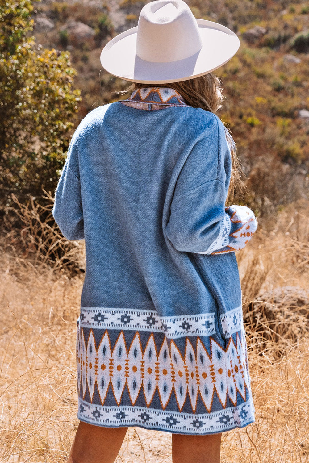 Khaki Aztec Print Open Front Knitted Cardigan